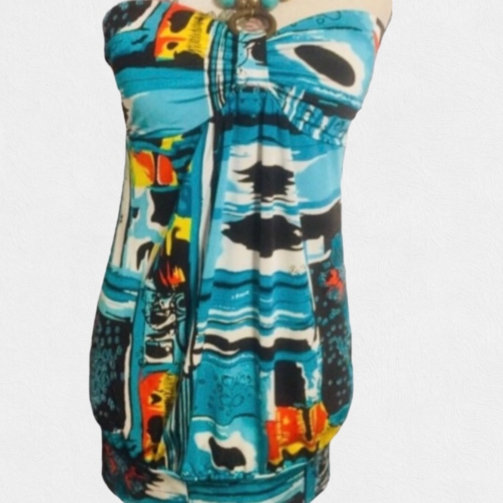 Dots Blue Multicolor Print Halter With Wooden Beads Tie Top NWT - Picture 2 of 9
